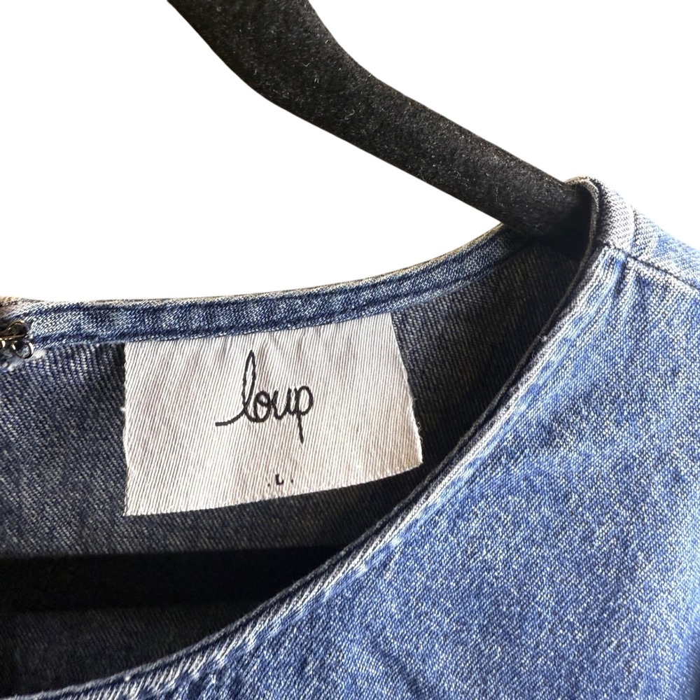 Loup Denim Shift Dress Womens L Ruffle Short‎ Sleeve Denim Indie Mod Minimalist - Picture 3 of 3